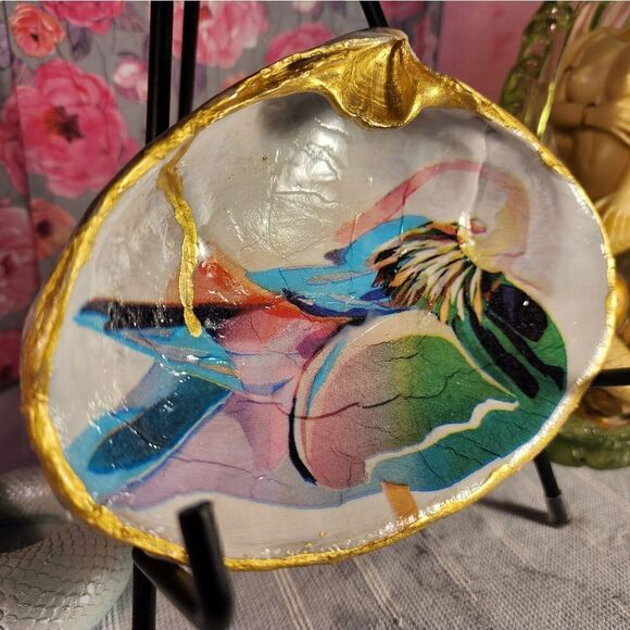 DECOUPAGE CLAM SHELL DECOUPAGE ART DECO DUCK ON A CLAM SHELL TRINKET DISH - Picture 2 of 10